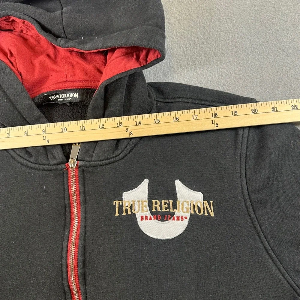 True Religion Mens Zip Up Hoodie Black Red Horseshoe Logo Fleece 5SVZ4F45D8G53HD